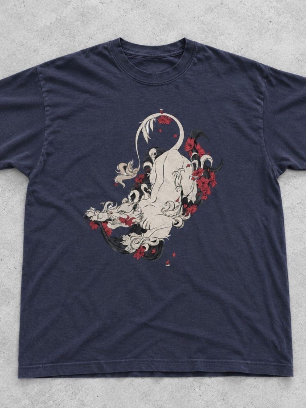 Gildan Navy Short-Sleeve Tee with Cream & Red Floral Cat Graphic